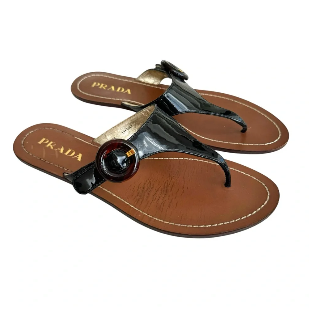 PRADA Black Patent Flat Sandals Leather Thong Slides Women’s 38 - Picture 5 of 17